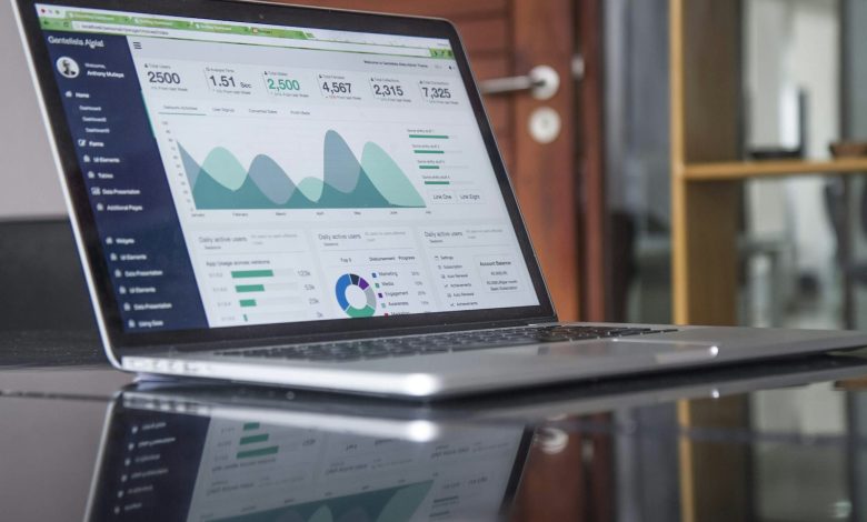 Laptop displaying a digital finance dashboard on a desk.