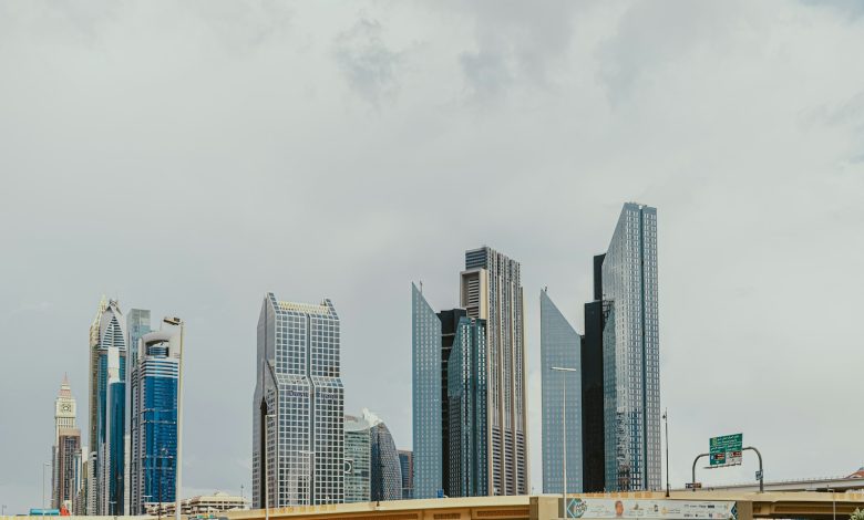 Modern towers and road infrastructure in Dubai's financial district.